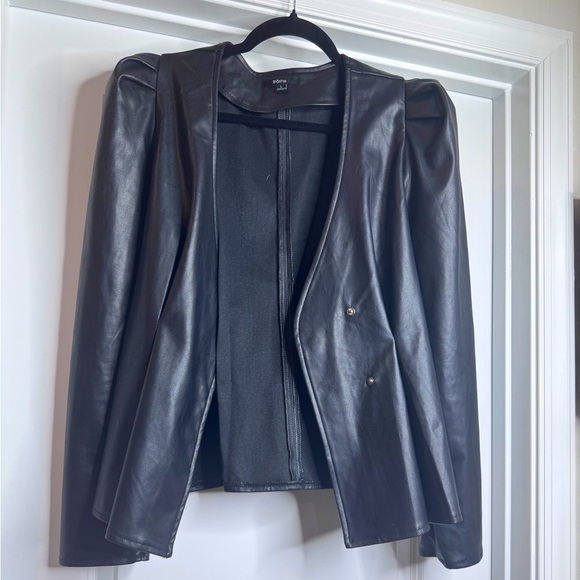 BLASHE Faux Leather Black Long Sleeve Top Shacket with Puffy Shoulders - Picture 1 of 9